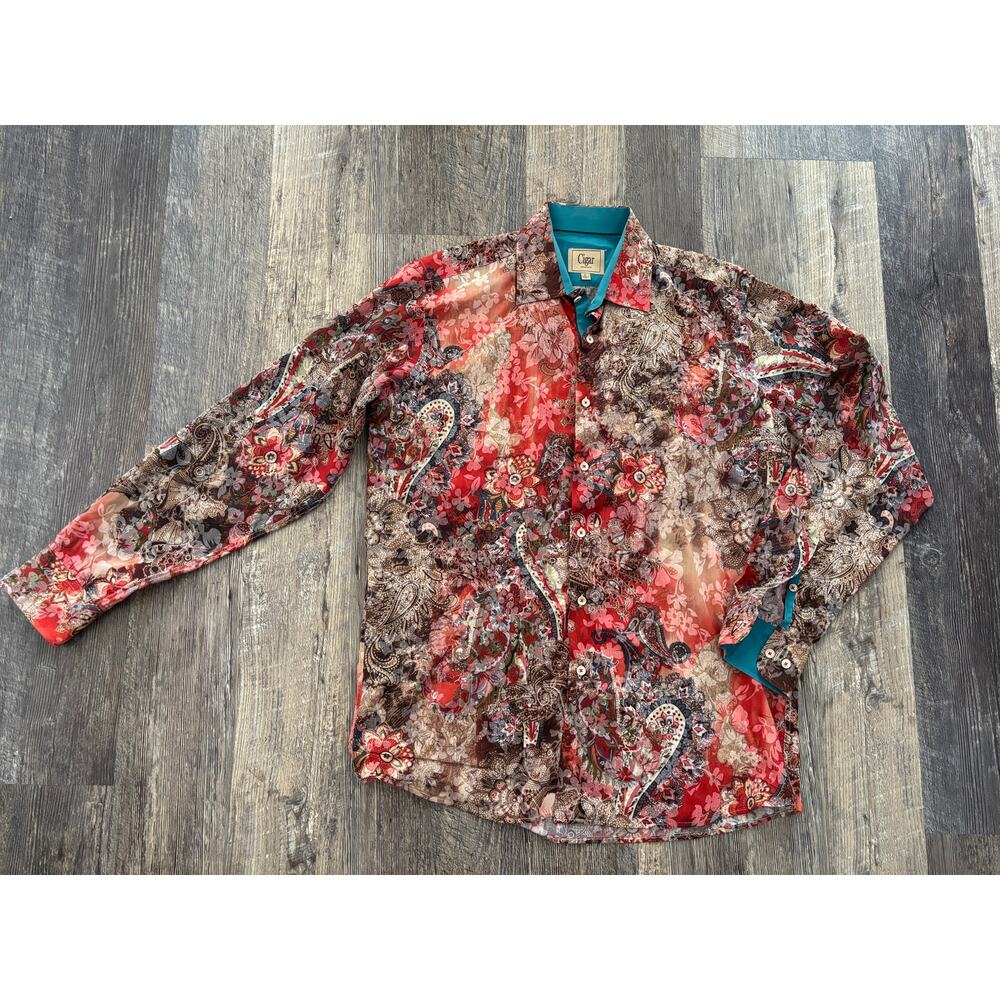 Cigar Couture Mens Paisley Floral‎ Button Down Shirt Red Brown Teal Large L